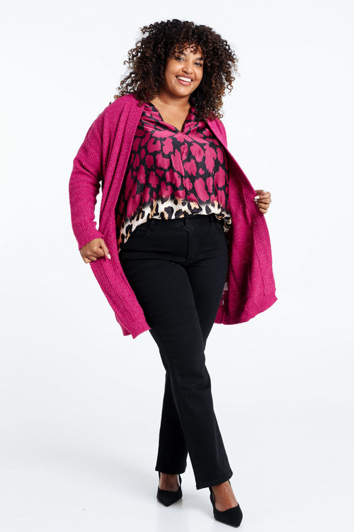 Langer, unifarbener Cardigan mit Schalkragen und Zierknöpfen-Paprika-7