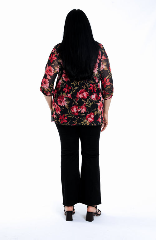 T-Shirt mit Blumenmuster aus Netzstoff-Paprika-2