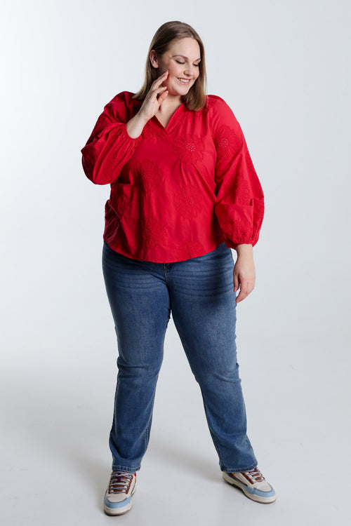Bluse aus einfarbiger Baumwolle mit Stickereiblumen-Paprika-9