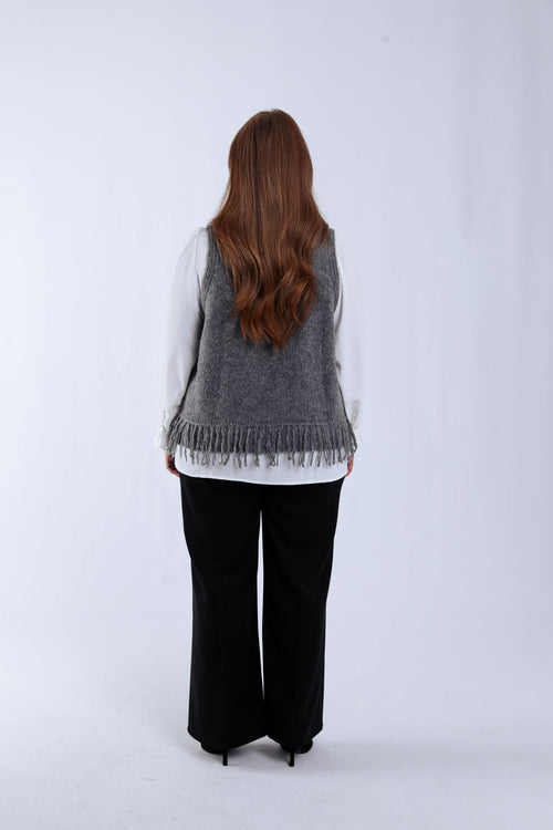 Ärmelloser einfarbiger Pullover mit Fransen-Paprika-2