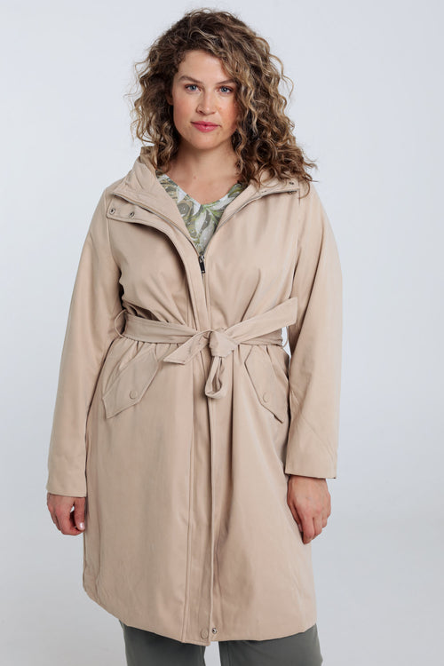 Einfarbiger, mittellanger Trenchcoat mit Kapuze-Paprika-2