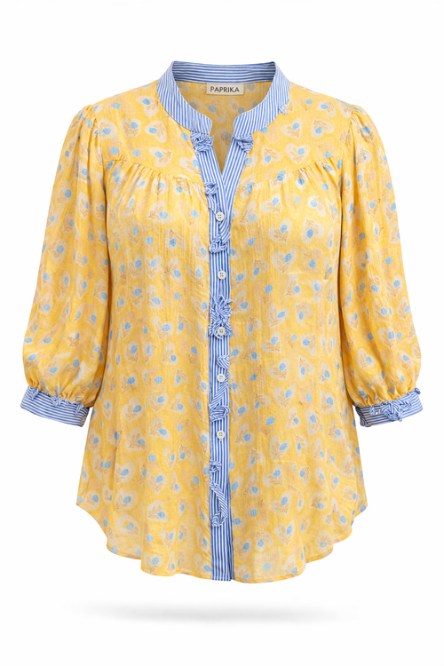 Bedruckte Viskosebluse mit Blumen und Streifen-Paprika-1