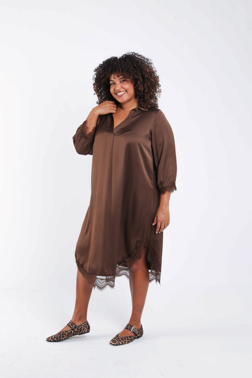 Uni Satin-Effekt Viskosekleid mit Spitze-Paprika-8