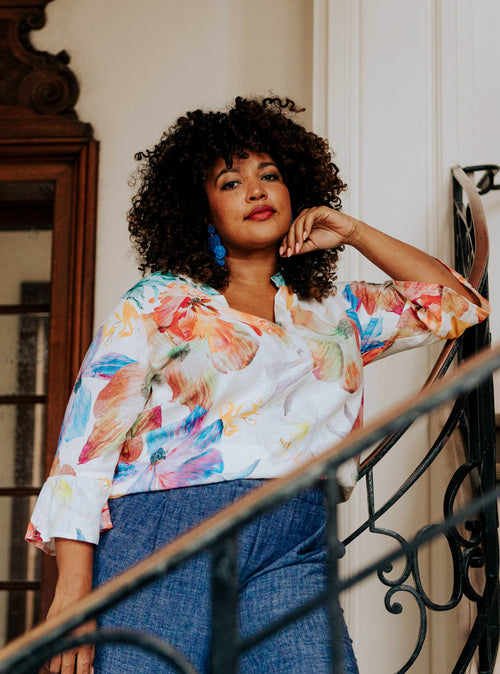 Bluse aus bedrucktem Leinen mit Blumenmuster-Paprika-2