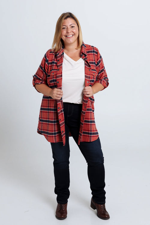 Langes, kariertes Hemd mit Taschen und Druckknöpfen-Paprika-8