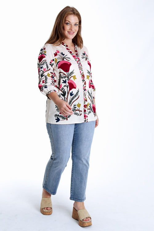Bedruckte Bluse aus Viskose mit folkloristischem Blumenmuster-Paprika-8