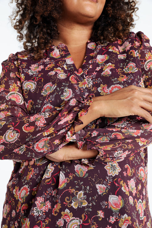 Blouse à volants imprimé floral avec lurex-Paprika-5