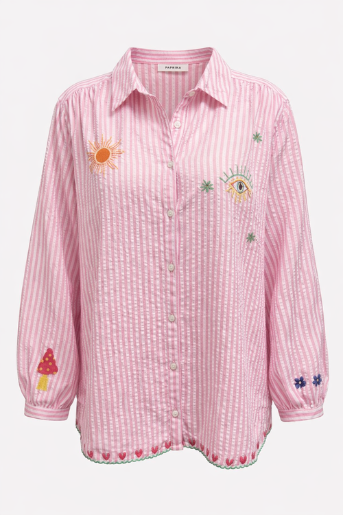 Chemise en coton rayée avec broderies-Paprika-1