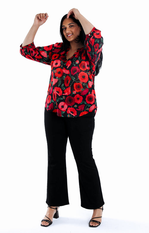 Baumwollbluse mit Mohnblumenmuster-Paprika-7