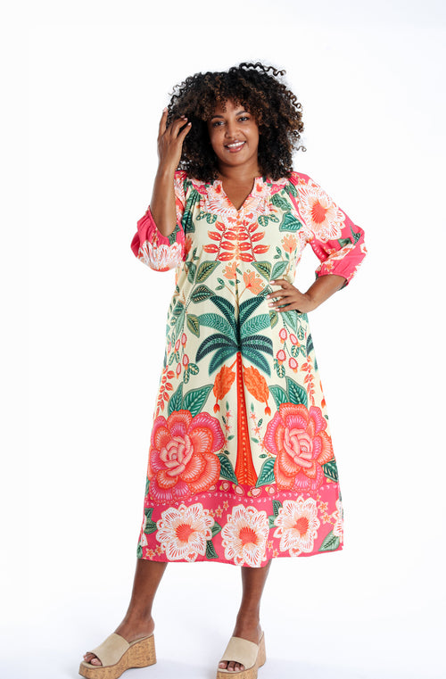 Kleid aus bedrucktem Viskose mit tropischem Muster-Paprika-2