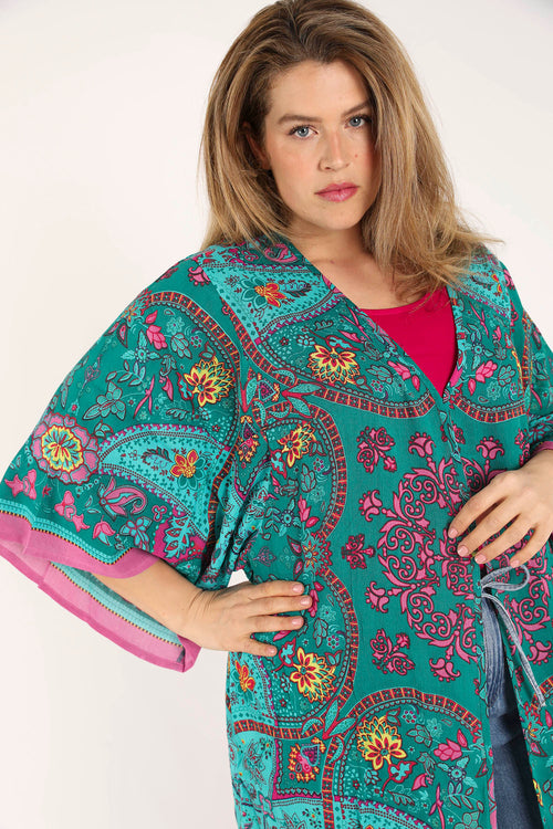 Exklusiv SHEEGO - Kimono aus bedrucktem Viskose-Paisley-Paprika-6