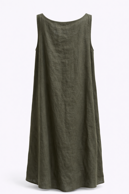 Langes, einfarbiges Leinenkleid mit Brosche-Paprika-2