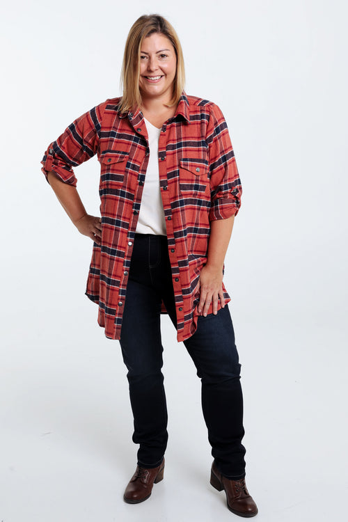 Langes, kariertes Hemd mit Taschen und Druckknöpfen-Paprika-9