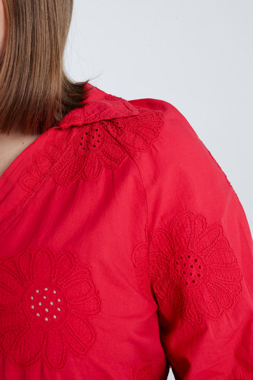Bluse aus einfarbiger Baumwolle mit Stickereiblumen-Paprika-3