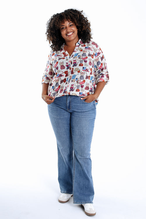 Bedruckte Bluse aus Baumwolle mit Katzenmotiv-Paprika-8