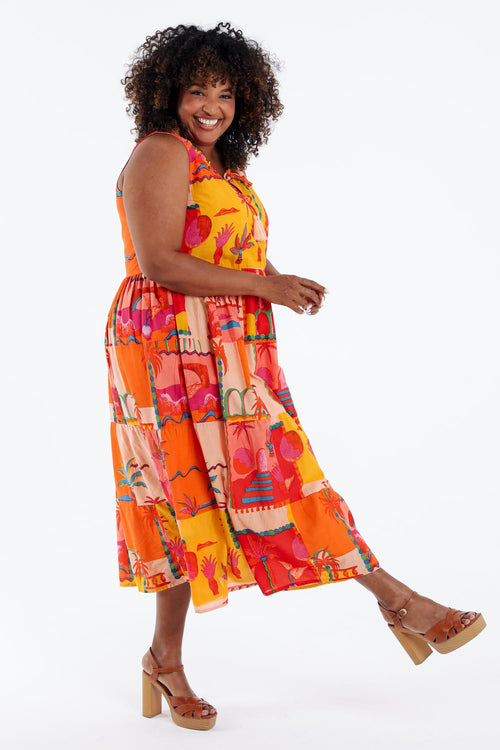 Kleid aus bedruckter Baumwolle mit tropischem Muster-Paprika-9