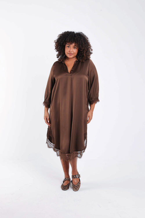 Uni Satin-Effekt Viskosekleid mit Spitze-Paprika-7