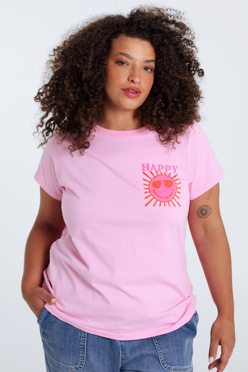 T-Shirt aus einfarbigem Baumwollstoff mit Sonnenaufdruck-Paprika-1