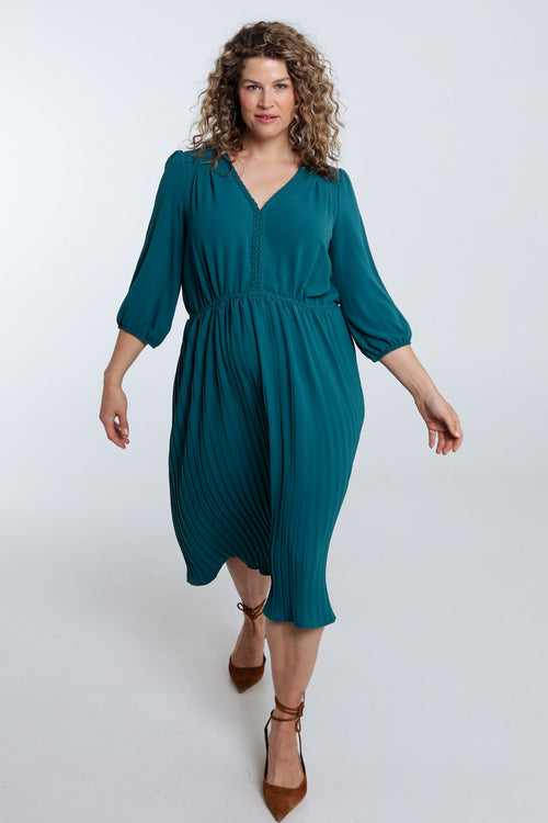 Einfarbiges langes Kleid mit plissiertem Saum-Paprika-9