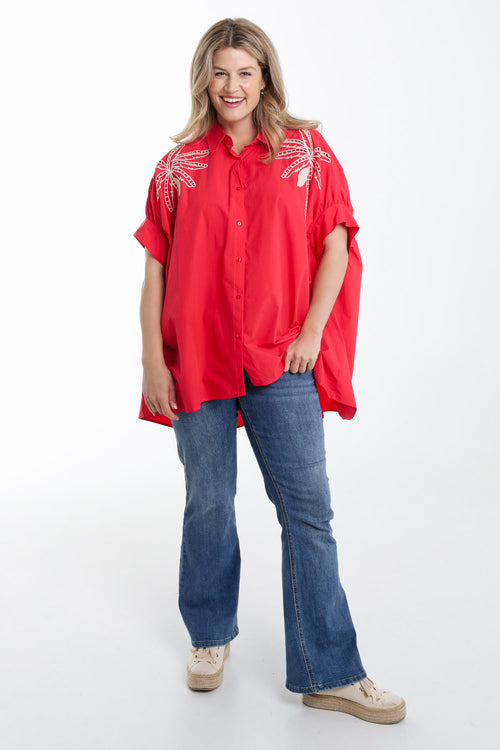 Oversized-Hemd aus einfarbigem Baumwollstoff mit Stickereien-Paprika-9
