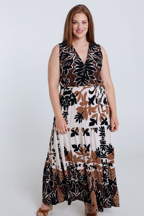 Lange Kleid aus bedruckter Viskose mit Blattmuster-Paprika-1