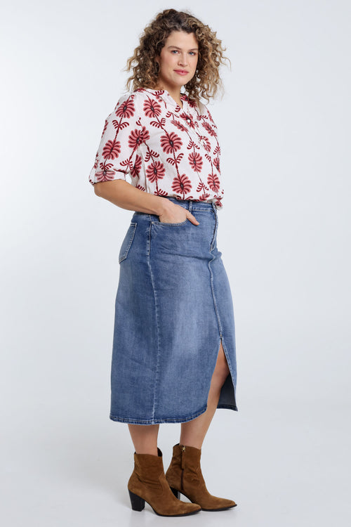 Bluse mit Durchbruchdetails und zweifarbigem Druck-Paprika-8