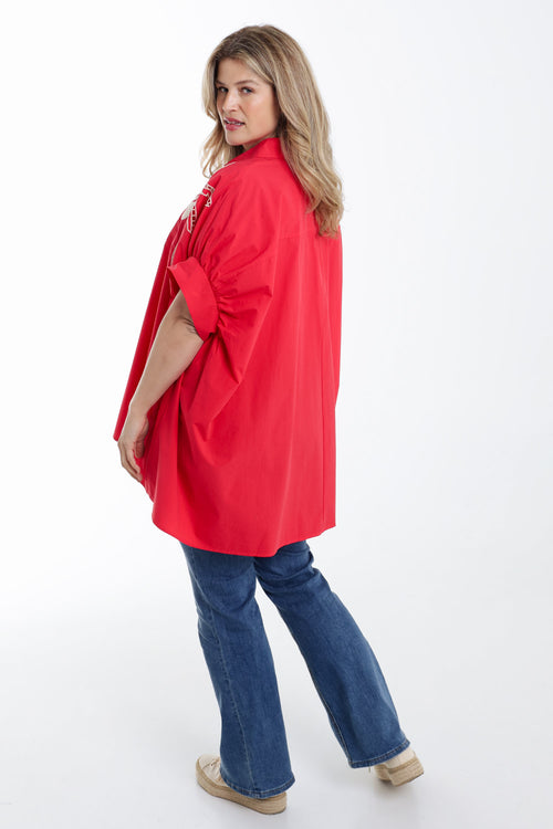 Oversized-Hemd aus einfarbigem Baumwollstoff mit Stickereien-Paprika-2