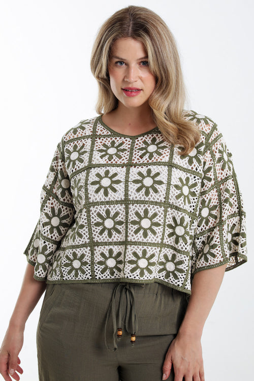 Zweifarbiger Makramee-Pullover-Paprika-1