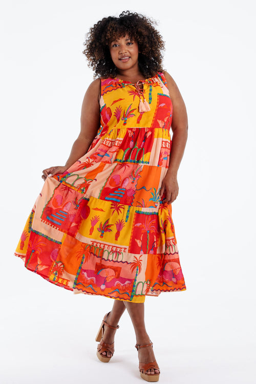 Kleid aus bedruckter Baumwolle mit tropischem Muster-Paprika-8