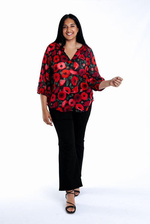 Baumwollbluse mit Mohnblumenmuster-Paprika-6