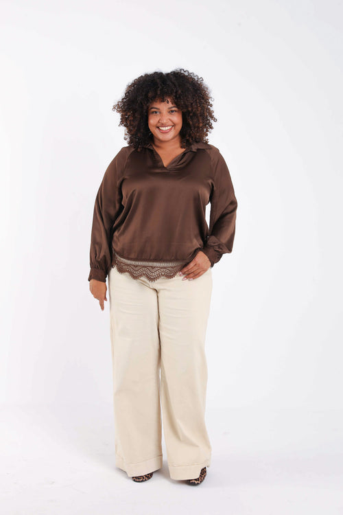 Blouse en viscose effet satiné, unie avec dentelle-Paprika-7