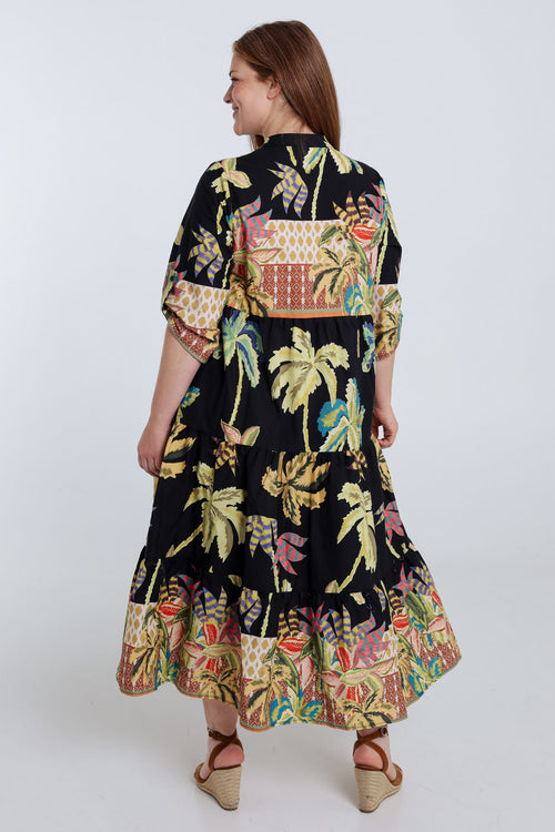 Langes Kleid aus bedruckter Baumwolle mit Palmenmuster-Paprika-2