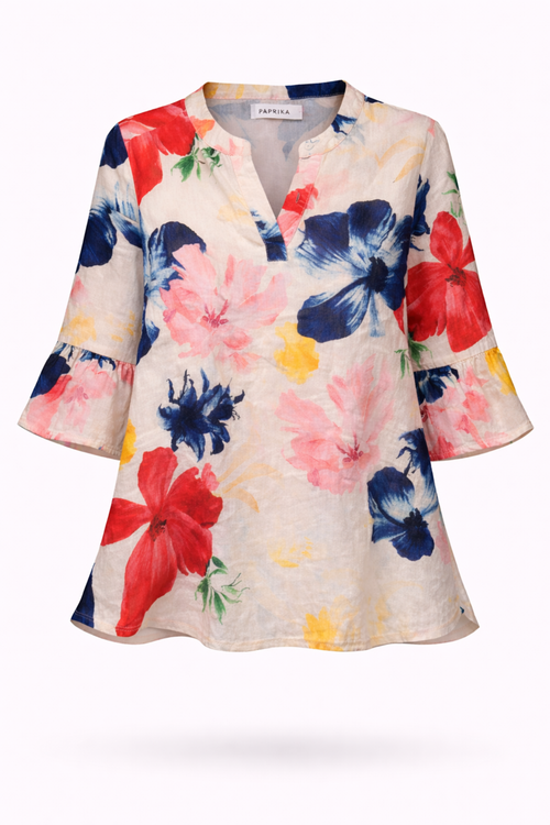 Bluse aus Leinen und Viskose mit Blumenmuster-Paprika-1