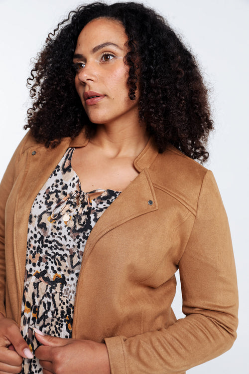 Kurze, unifarbene Motorradjacke in Wildlederoptik-Paprika-4