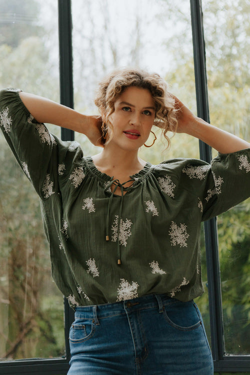 Bluse aus Baumwolle mit floralen Stickereien-Paprika-1