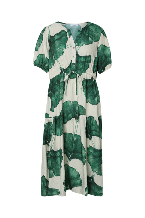 Langarmkleid aus bedruckter Viskose mit Blattmuster-Paprika-10