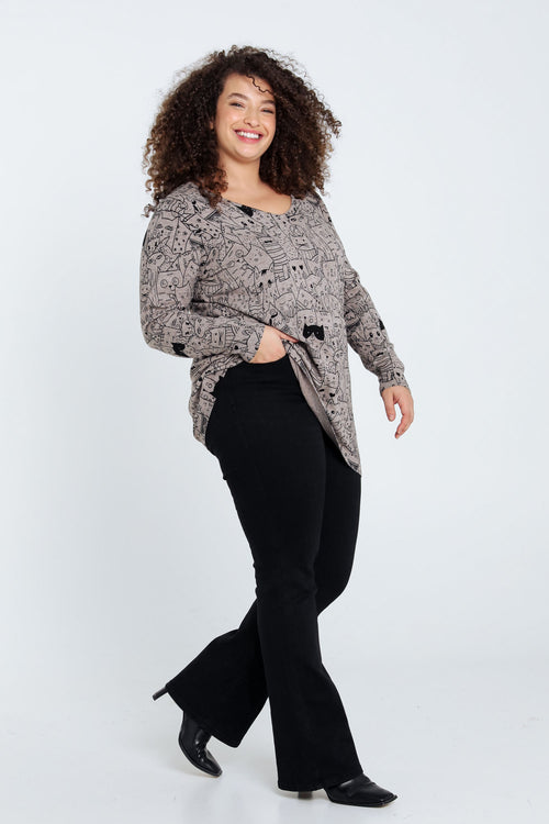 Langer Pullover mit Katzenmuster-Paprika-8