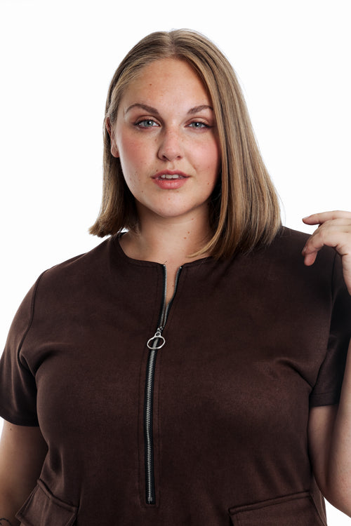 Kleid aus einfarbigem Veloursleder-Effekt-Paprika-3