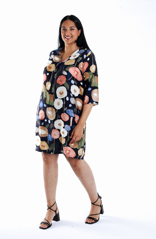 Kurzes Kleid aus Viskose mit rundem Blumenmuster-Paprika-6