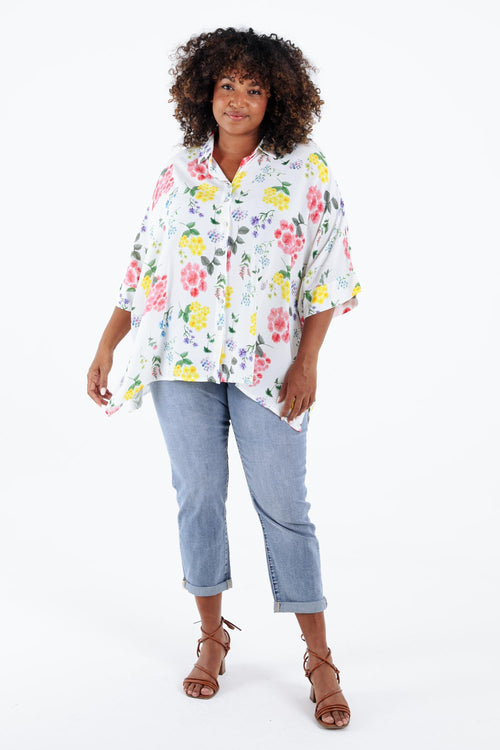 Weite Bluse aus bedruckter Viskose mit Blumenmuster-Paprika-7