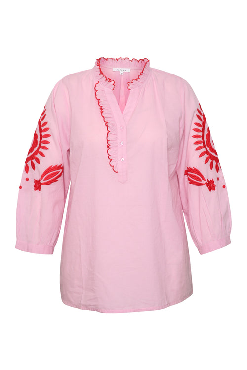 Uni Baumwollbluse mit Volants und Stickereien-Paprika-1
