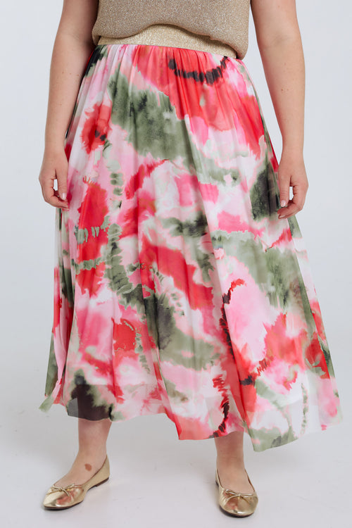 Lange Rock aus bedrucktem Netzstoff mit Blumenmuster-Paprika-1