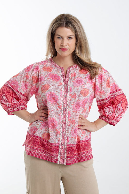 Baumwollbluse mit indischen Blumenmuster-Paprika-1