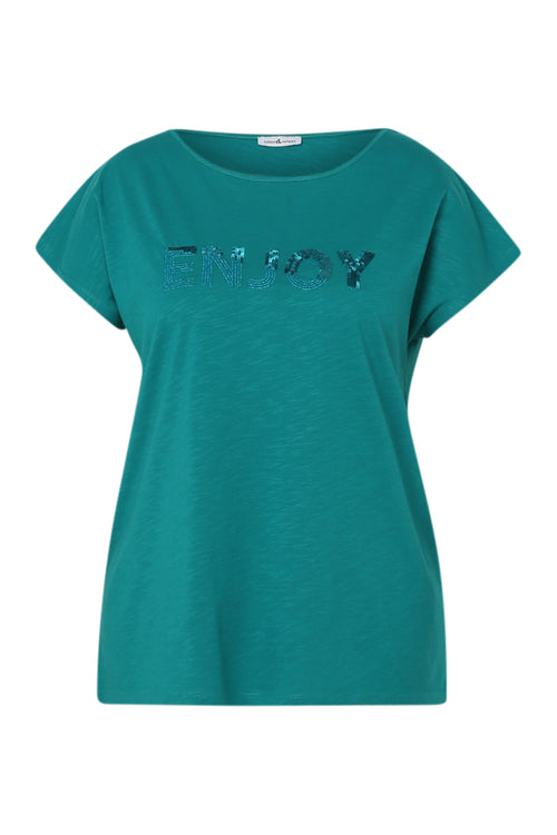 Einfarbiges T-Shirt mit Enjoy-Stickerei und Pailletten-Paprika-10