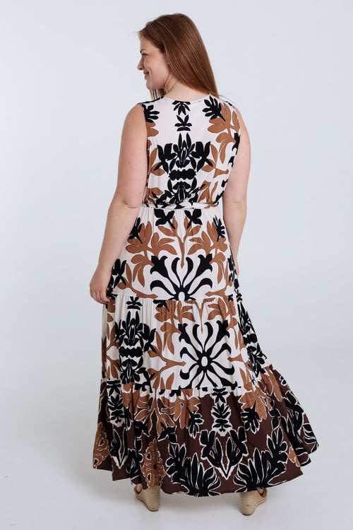 Lange Kleid aus bedruckter Viskose mit Blattmuster-Paprika-2