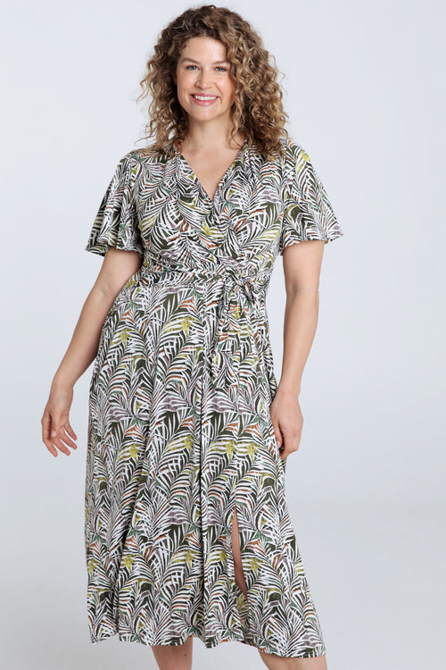 Langes Kleid mit Blätterdruck-Paprika-1