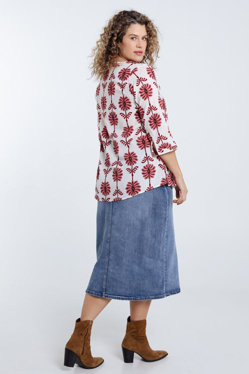 Bluse mit Durchbruchdetails und zweifarbigem Druck-Paprika-2