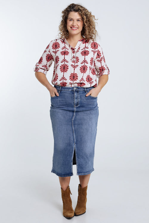 Bluse mit Durchbruchdetails und zweifarbigem Druck-Paprika-7