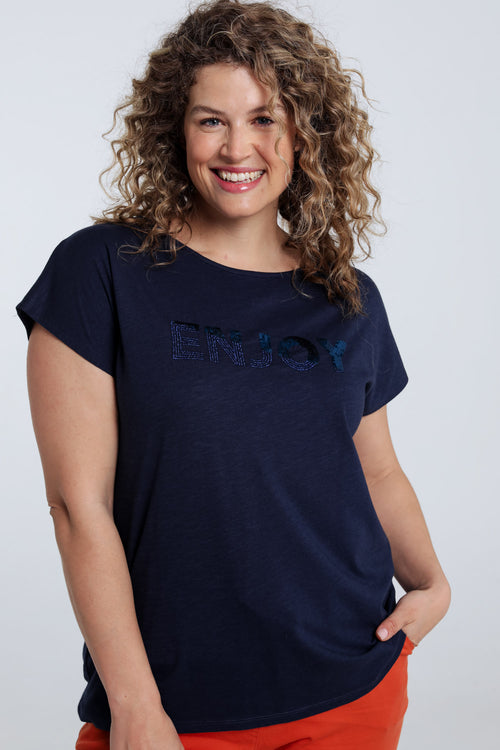 Einfarbiges T-Shirt mit Enjoy-Stickerei und Pailletten-Paprika-5