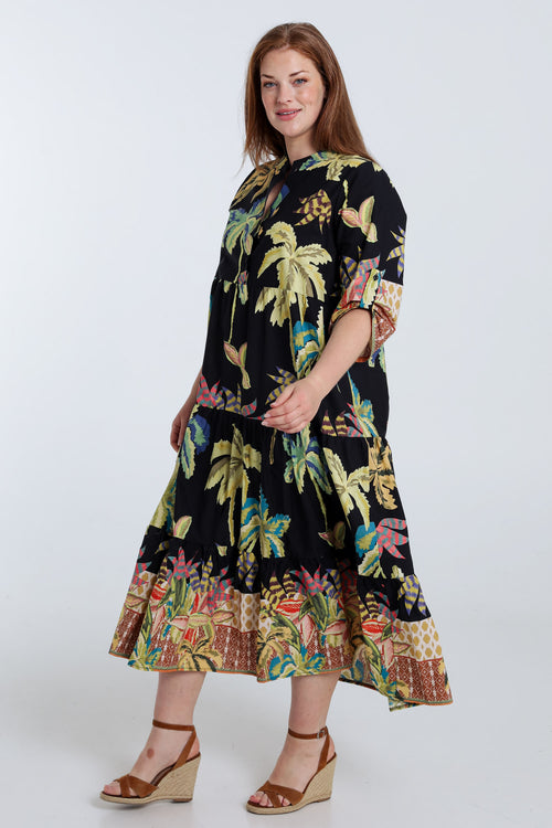 Langes Kleid aus bedruckter Baumwolle mit Palmenmuster-Paprika-9